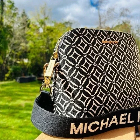 Michael Kors Cindy Dome Crossbody Bag Black White Logo Print Web Strap NWT - Picture 2 of 6